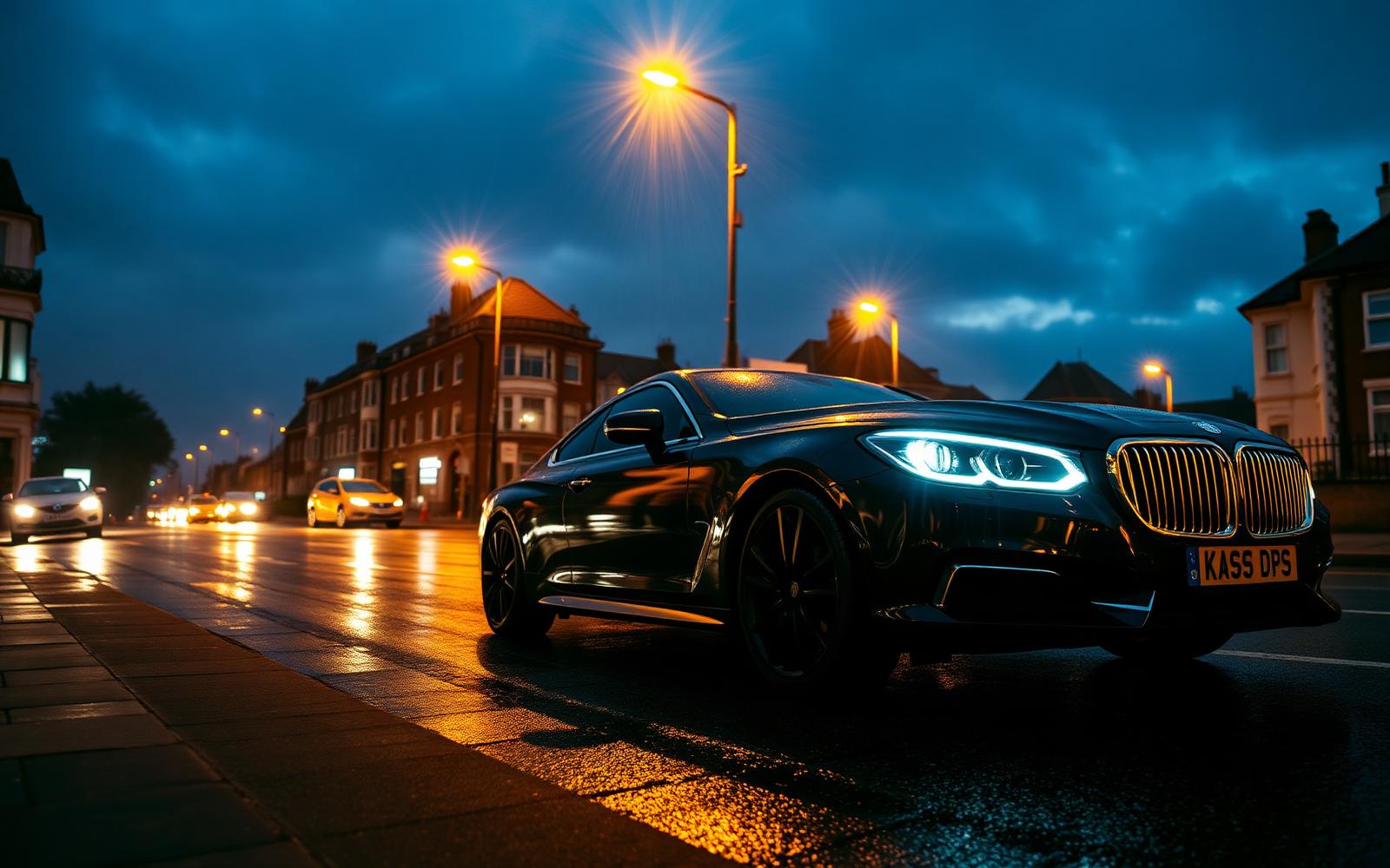 Executive black car on a rain-slick UK street at dusk